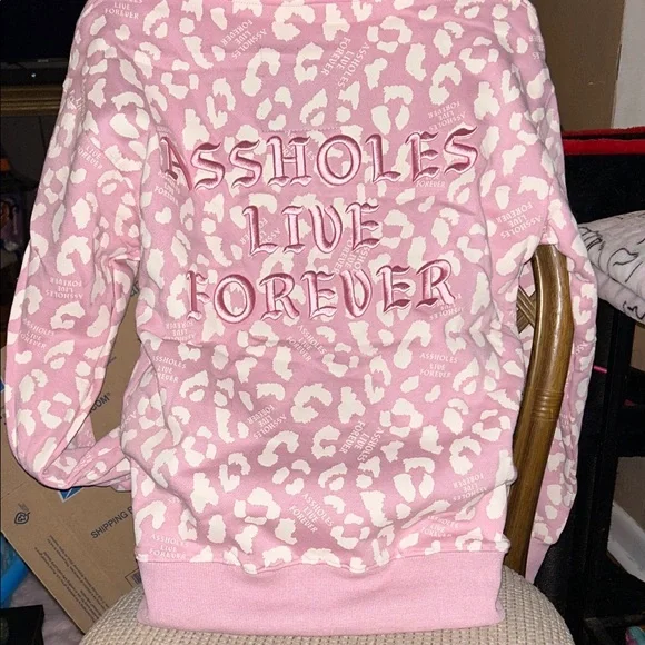 BNIP ASSHOLES LIVE FOREVER PINK LEOPARD HOODIE W/HORNS SMALL - Picture 5 of 8
